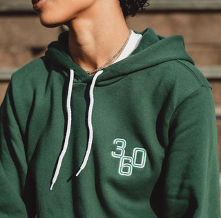 Woman wearing Track Star hoodie zoomed in on the 360 logo on left chest