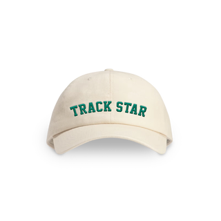 Cream Hat with Green "Track Star" written across the front