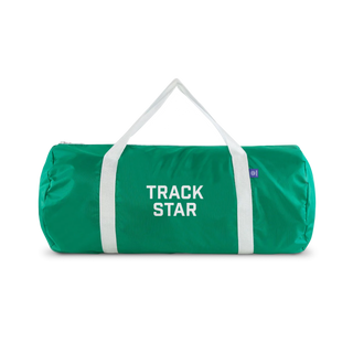 Green duffle bag with white handles and "Track Star" written on the side in white