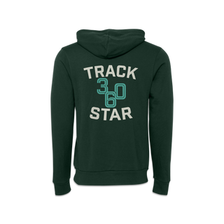Back of Track Star hoodie with track star in white stacked on top and bottom of 360 in the middle in light green