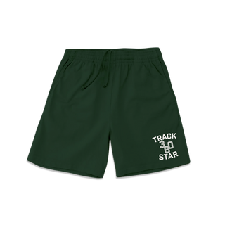 Green Track Star Sweatshorts with White Track Star stacked on top and bottom of 360 in the middle on the left leg