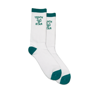 White Track Star Socks with green track star stacked with 360 in the middle and green band on the ankle, toes, and heel