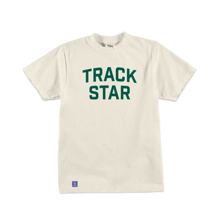 Cream Track Star T-Shirt with Track Star across chest in green