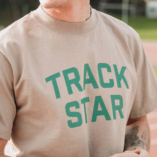 Man wearing Track Star T-Shirt zoomed in on the Track Star words